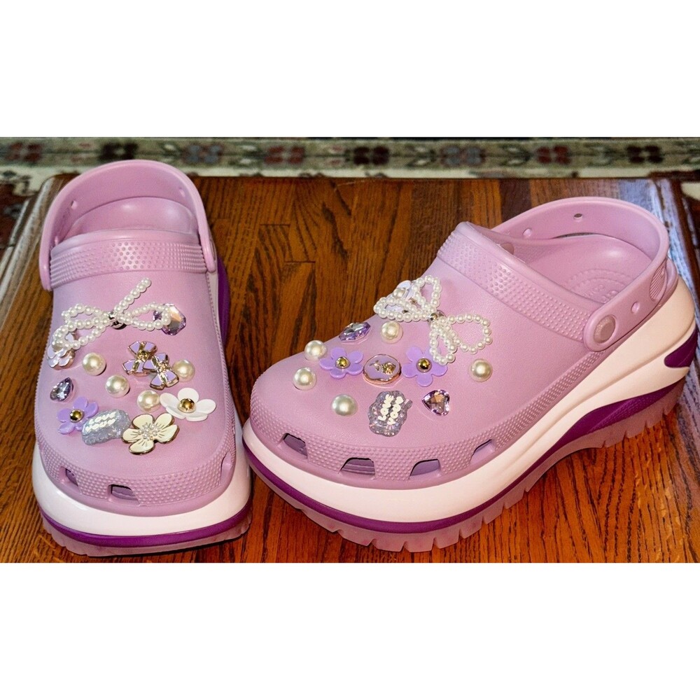 Bling Crocs embellished jibbitz Platform Clog In pink/purple W8